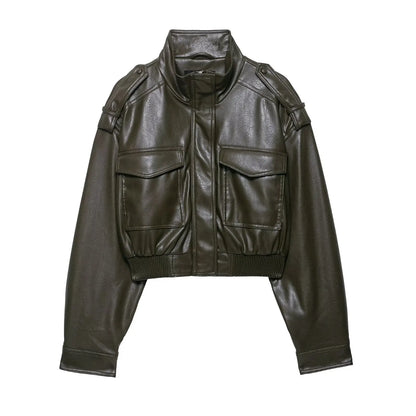 Faux Leather Jackets - Women's Casual Zipper Outerwear Coats With Turtleneck Collar