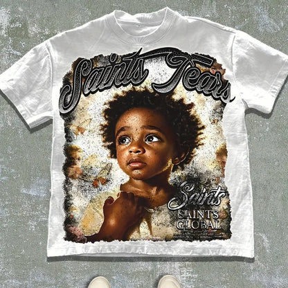 Men's Saint's Tears Pattern T-shirt for Spring and Summer, Suitable for Both Men and Women, Casual T-shirt