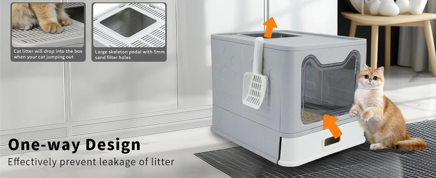 Stainless Steel Covered Cat Litter Box - Large Top Entry Pan with Scoop High Sided for Easy Cleaning - ZOOMNSTORE