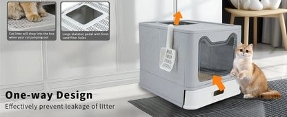 Stainless Steel Covered Cat Litter Box - Large Top Entry Pan with Scoop High Sided for Easy Cleaning - ZOOMNSTORE