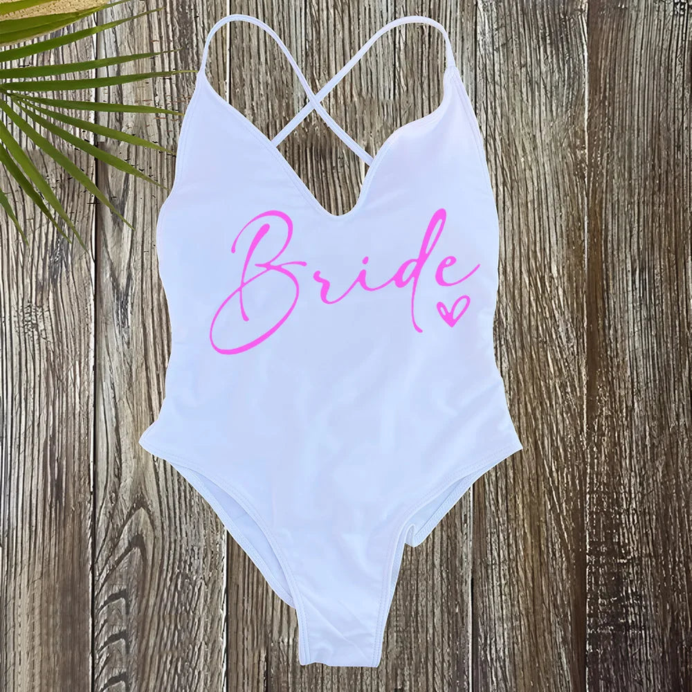 Pink Gold Print One Piece Swimsuit Team Bride Love Sexy Bathing Suit Padded Swimwear Women Bikini Bachelor Party Swim Beachwear