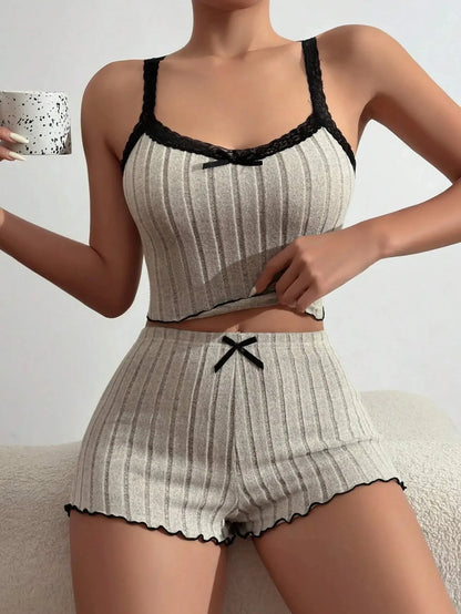 Summer New Womens Ribbed Knit Pajama Set Lace Trim Bow Cami Crop Top Lettuce Hem Shorts Loungewear Sleepwear Cute Soft 2 Piece