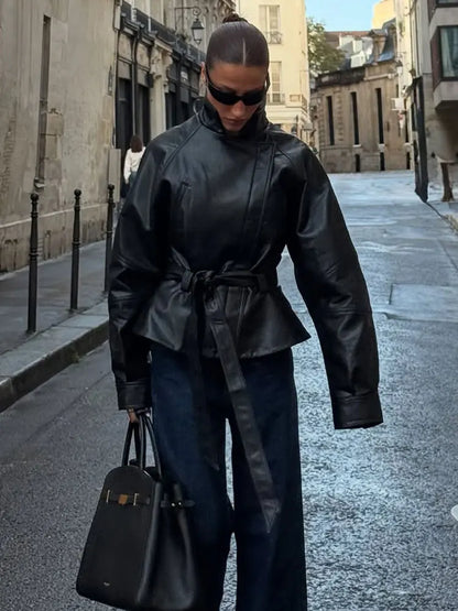 Faux Leather Trench Coat - Women's Black Belted Lapel Jacket With Zipper Closure