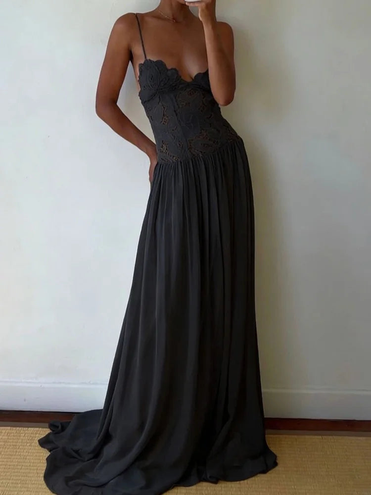 Spring Summer Holiday Chic Hollow Out Dress, Women Casual Lace Patchwork Sleeveless Party Dress, Elegant V Neck Ladies Dresses