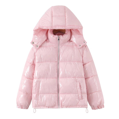 New Winter Fashion Women Bright Light Blue Zipper Up Bread Parka Coat Woman Stand Collar Removable Hooded Long Sleeve Outerwear