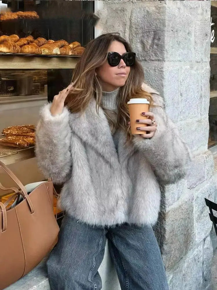 Faux Fur Coat Women’s Winter Jacket – Warm Fluffy Loose Lapel Outerwear