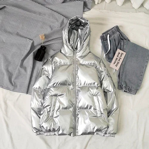 Streetwear Fashion Bright Silver Puffer Jackets for Men Thicken Winter Mens Coats Casual Hooded Cotton Wadded Heated Jacket Men
