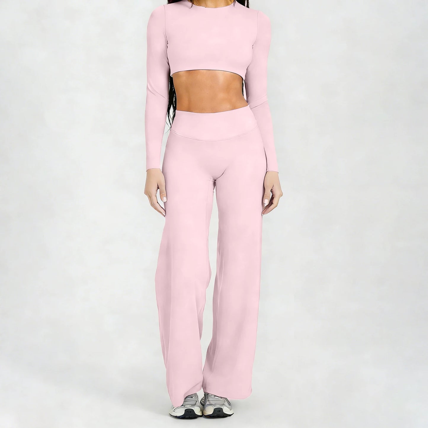 Running Sportswear Women 2 Piece Set Short Cropped Long Sleeve Top Straight Leg Yoga Pants Breathable Quick Dry Gym Suit