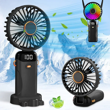 USB Rechargeable Handheld Fan 1200mAh 6 Speeds Foldable LED Light Blade Portable Mini Fan Personal Cooler for Home Gift