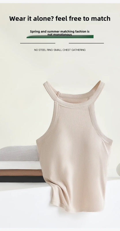 Threaded Halter Neck Camisole Top With Build-in Bra High Elastic Slim-fitting Sling Fixed Cup Breathable Women Underwear