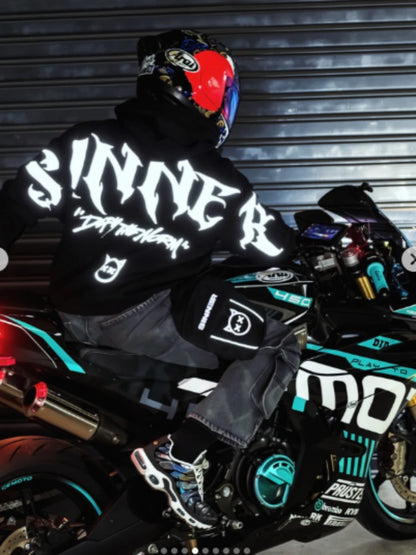 Mens Gothic Sinner Defy The Moon Print Oversized Hoodie Black Streetwear Motorcycle Riding Casual Pullover Hooded Sweatshirts
