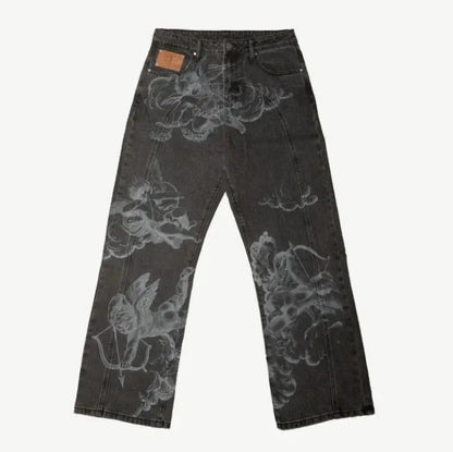 Y2K New Retro Centipede Embroidery Pattern Washed Oversized Wide-Leg Pants Street Gothic Harajuku Floor Pants For Men and Women