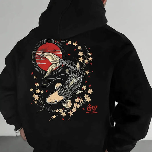 Men's Pullover Hoodie with Japanese Koi, Cherry Blossom and Chinese Character (koi) Design, Loose-fitting Casual Sweatshirt.