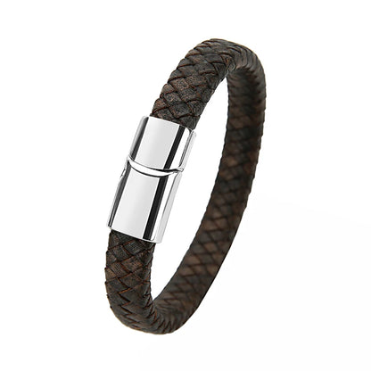 Mibrow Braided Black Leather Men Bracelet 10x5 12x6mm Size Fashion Metal Magnetic Clasp Wrap Bracelets Punk Charm Men Jewelry
