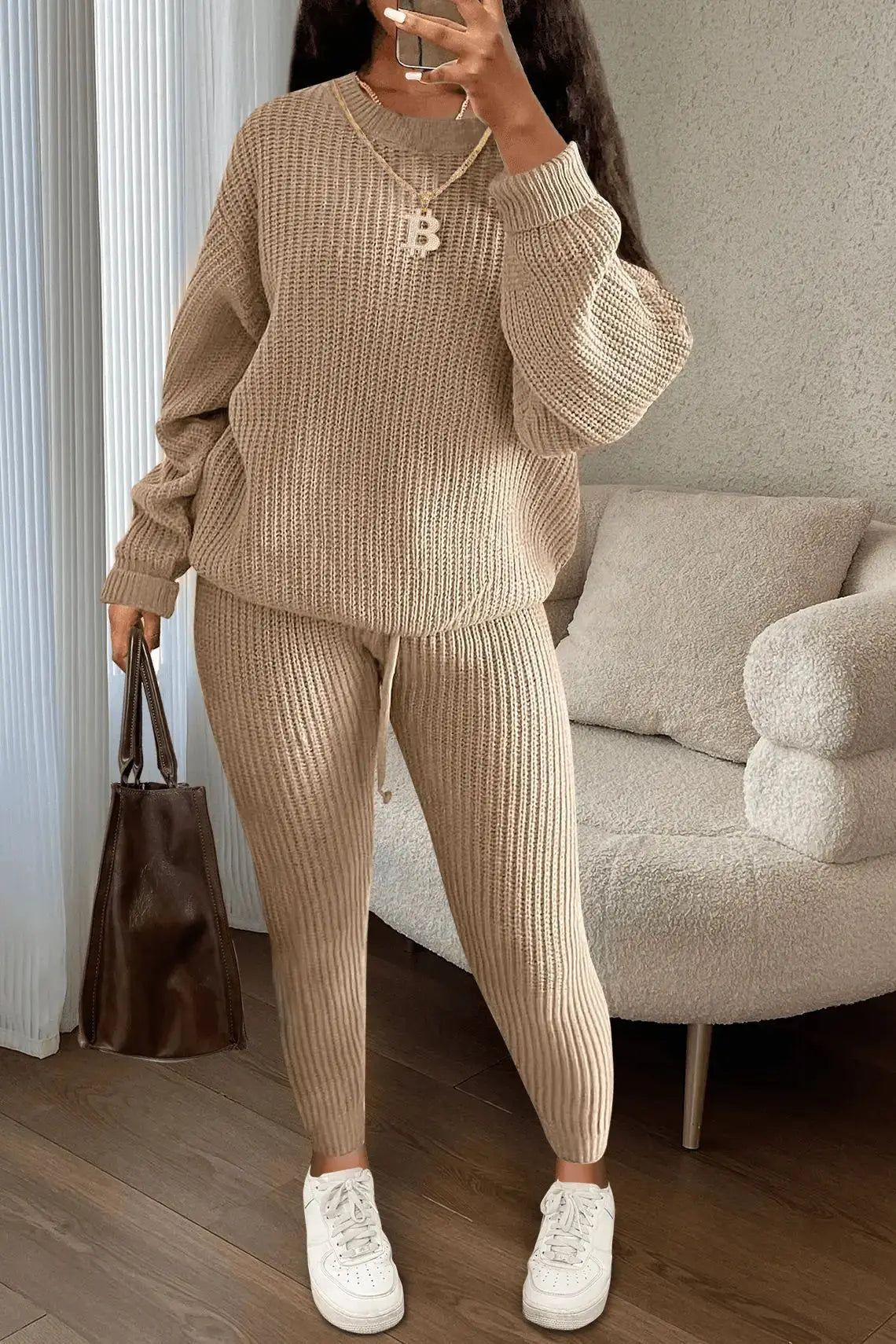 Knitted Sweater Two Piece Set For Women Autumn Winter Long Sleeve O Neck Sweater + Skinny Pants Sets Casual Knit Outfit Homewear
