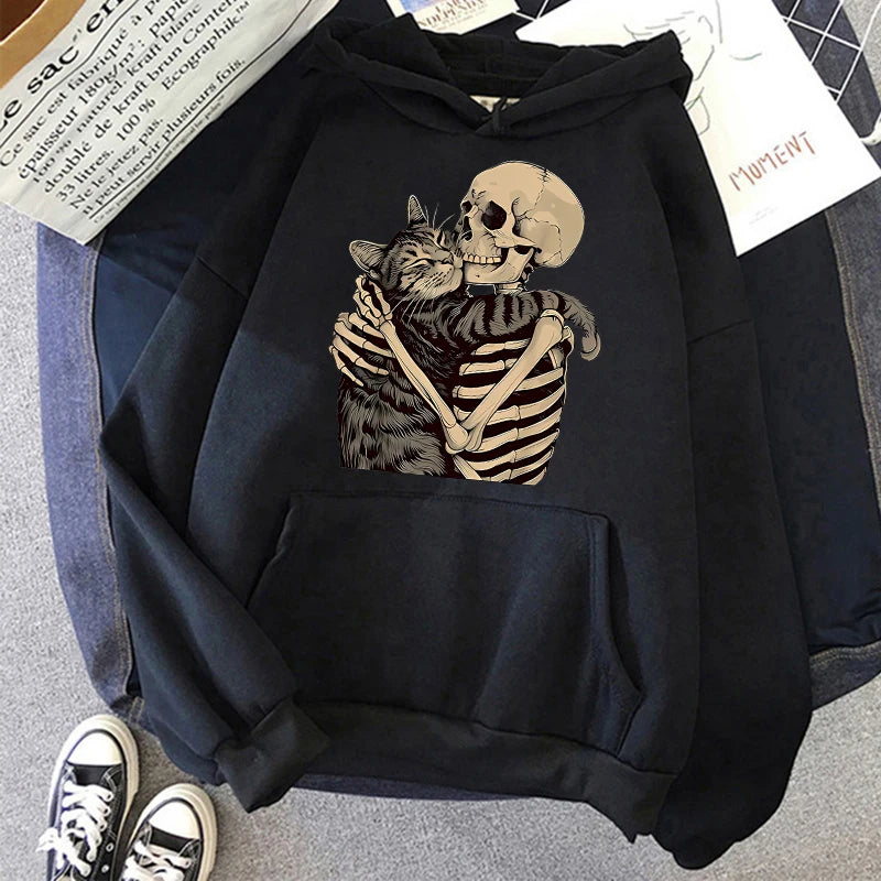 Halloween Skull and Cat Print Kangaroo Pocket Hoodies Fall Winter Long Sleeve Sweatshirt Unisex Funny Vintage Hooded 90s Clothes