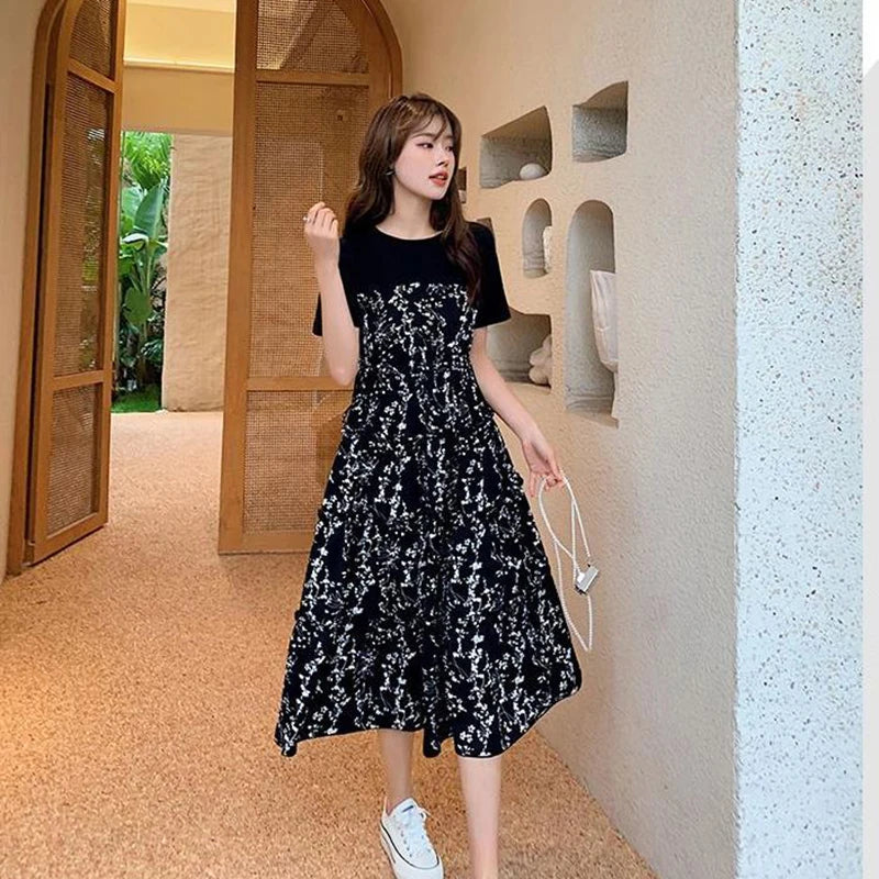Women's T-shirt Fake two Pcs Korean style Summer Dress Mid-Length Floral Printed Boho Casual Daily Chiffon floral black Dress