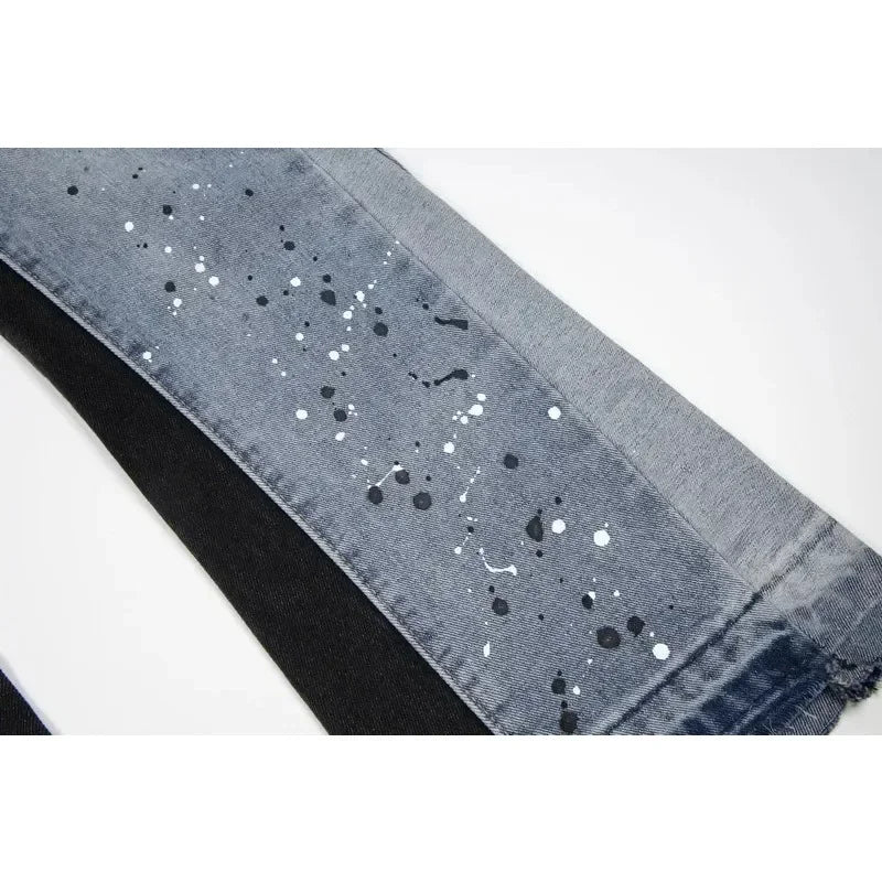 American Streetwear Splashed Ink Patchwork Baggy Jeans Men Women Clothing Tie Dye Trendy Pants Straight Slim Micro-flard Pants