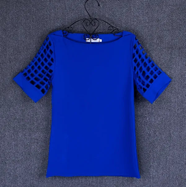 Summer Fashion Women Blouses & Shirts Hollow Out Sleeve Slash Neck Chiffon Blouse Plus Size