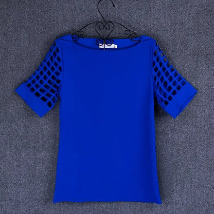 Summer Fashion Women Blouses & Shirts Hollow Out Sleeve Slash Neck Chiffon Blouse Plus Size