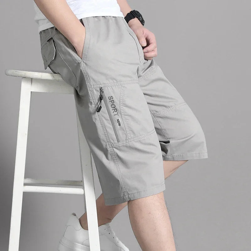 Mens Cargo Shorts - Knee Length Cotton Shorts With Zipper Pockets & Elastic Waist