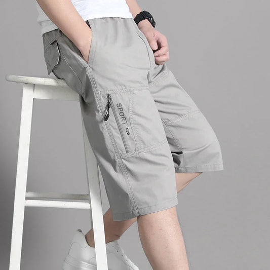 Mens Cargo Shorts - Knee Length Cotton Shorts With Zipper Pockets & Elastic Waist