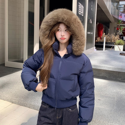 Hooded Puffer Jacket Women Winter Thick Warm Short Coat With Fur Collar Cinched Waist Plush Casual Sweet Streetwear Outerwear