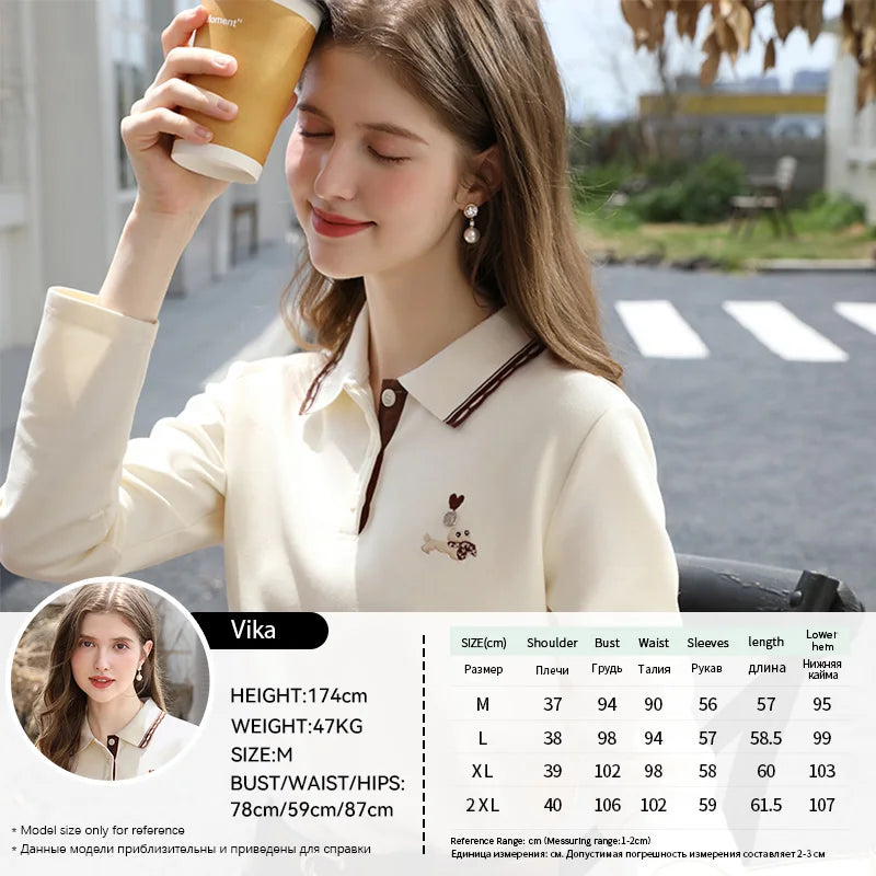 Polo Neck T-shirt - Long Sleeve Apricot Top With Embroidery Detail | Casual Women Shirt