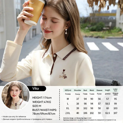 Polo Neck T-shirt - Long Sleeve Apricot Top With Embroidery Detail | Casual Women Shirt