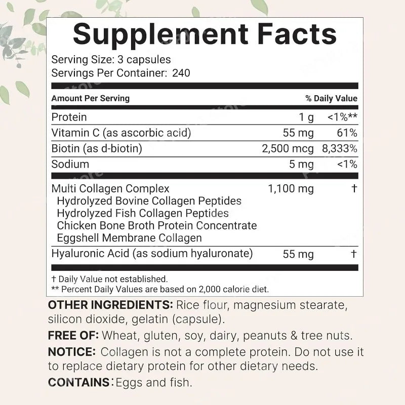 Multi Collagen Pills 240 Capsules | Type I II III V X | Hydrolyzed Protein Peptides with Biotin Hyaluronic Acid & Vitamin C