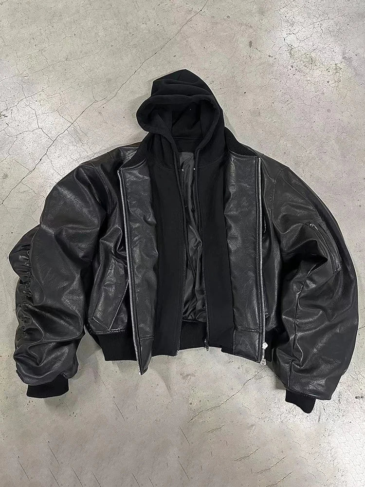 Mauroicardi Autumn Winter Oversized Cool Black Thickened Warm Pu Leather Jacket Men Hood Luxury Designer Fake 2 Clothes