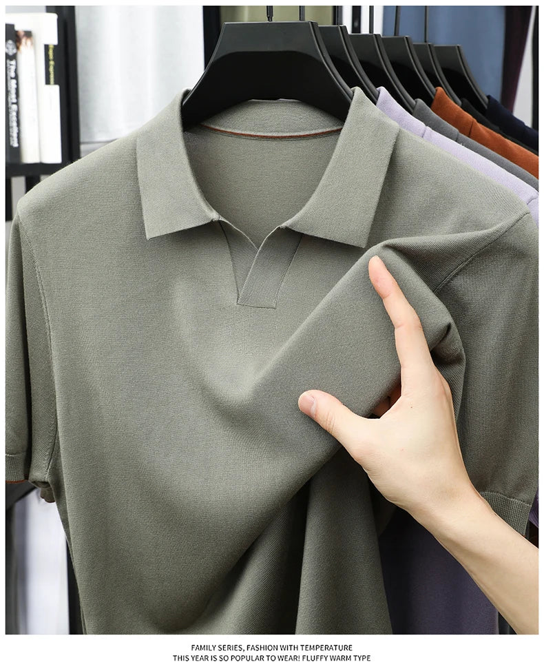 100%  Lyocell Knitwear 2025 Men Spring Summer Trendy Turn Down Collar Knit Tees Short Sleeve Breathable Knit Tops