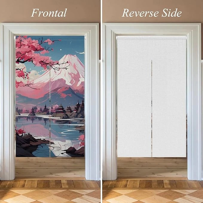 Japanese Door Curtain - Cherry Blossom Curtain With Kanagawa Wave Design | Linen Door Panel