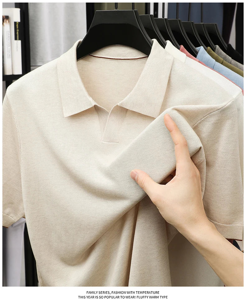 100%  Lyocell Knitwear 2025 Men Spring Summer Trendy Turn Down Collar Knit Tees Short Sleeve Breathable Knit Tops