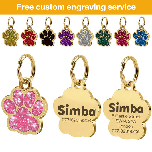Free Personalized Dog Cat Plate Tags Engraved Puppy Pet ID Name Collar Tag Alloy Paw Glitter Pendant Pets Dogs Accessories