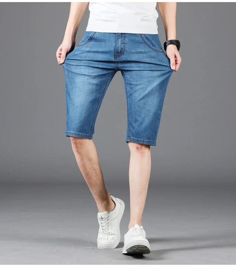 Men's Denim Shorts - Casual Summer Knee Length Multi-Pocket Elastic Waist