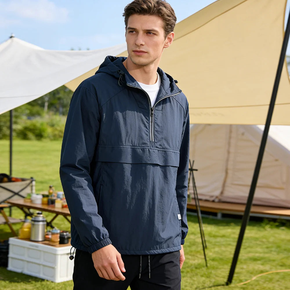 Spring Summer Men Lightweight Anorak Jacket Fashion Man Half Zip Sunscreen Hooded Coats Men UPF50+ Windbreaker Waterproof Jacket