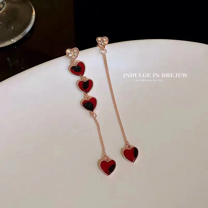 New Trendy Love Heart Zircon Tassel Earrings For Women Shiny Crystal Long Chain Asymmetric Dangle Earring Girl Party Jewelry