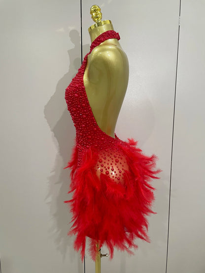 Backless Halter Dress - Women's Party Mini Sheath With Rhinestone & Feather Details