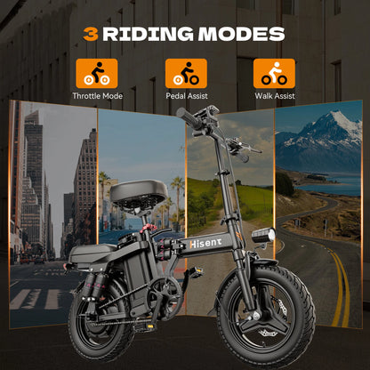 Hisent electric folding bike, 14 inches, 500W brushless motor, 48V 10AH/17.5AH battery available, different models.