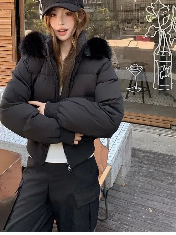 Hooded Puffer Jacket Women Winter Thick Warm Short Coat With Fur Collar Cinched Waist Plush Casual Sweet Streetwear Outerwear
