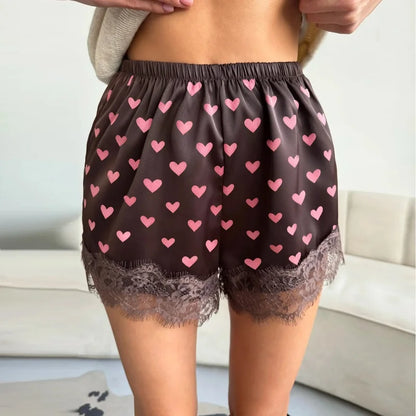 Women's Satin Sleep Shorts – Heart-Print Lace Lounge Shorts