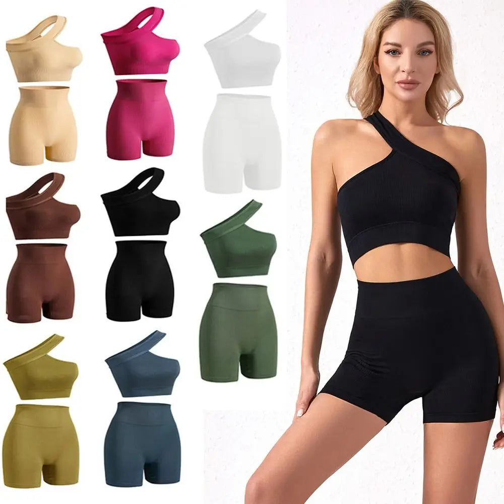 2Pcs Reusable Seamless Women Workout Sets High Waist One Shoulder Active Wear Ribbed Tank Tops Yoga Outfits Fitness