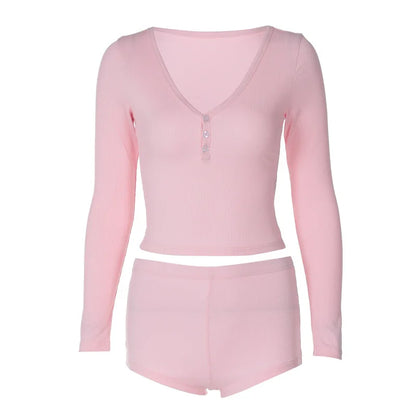 Dulzura 2024 Autumn Women Ribbed 2 Piece Set Long Sleeve T Shirt Micro Shorts Outfits Bodycon Sexy Streetwear Club Matching Suit