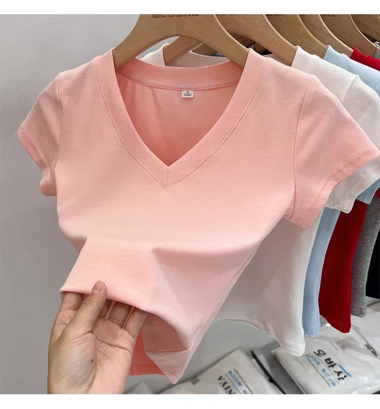 Summer Sexy V-neck Slim T Shirt Women Cotton Basic Solid Crop Tops Female Casual Tops Short Sleeve T-shirts 2026