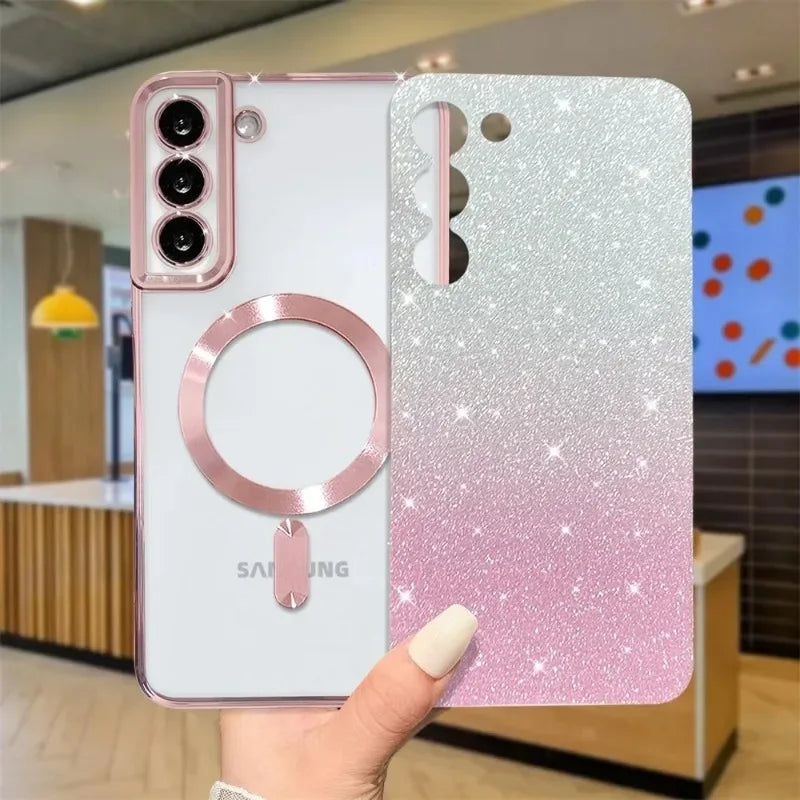 Glitter Magnetic Case For Samsung Galaxy S26 S24 Ultra S23 S22 S21 S25 Plus S20 FE A56 A55 A36 A17 Plating Wireless Bright Cover