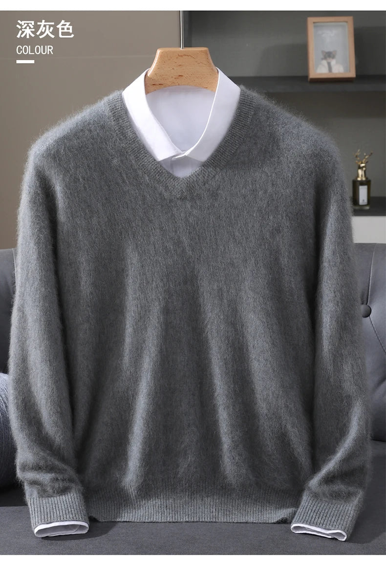 Men's 100% Pure Mink Cashmere Sweater V-neck Pullover Knit Bottoming Shirt Autumn And Winter New Long-Sleeve High-End Mink Tops