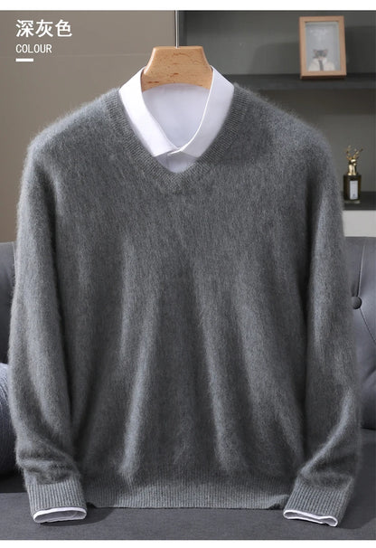 Men's 100% Pure Mink Cashmere Sweater V-neck Pullover Knit Bottoming Shirt Autumn And Winter New Long-Sleeve High-End Mink Tops