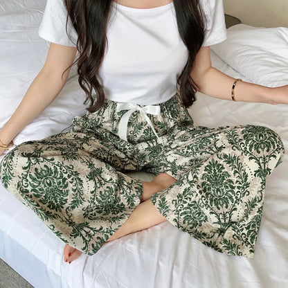 Women Cotton Casual Trousers Summer Loose Pajamas Home Pants Thin Wide Leg Pants Fashion Oversized Sleep Bottoms Korean Pants