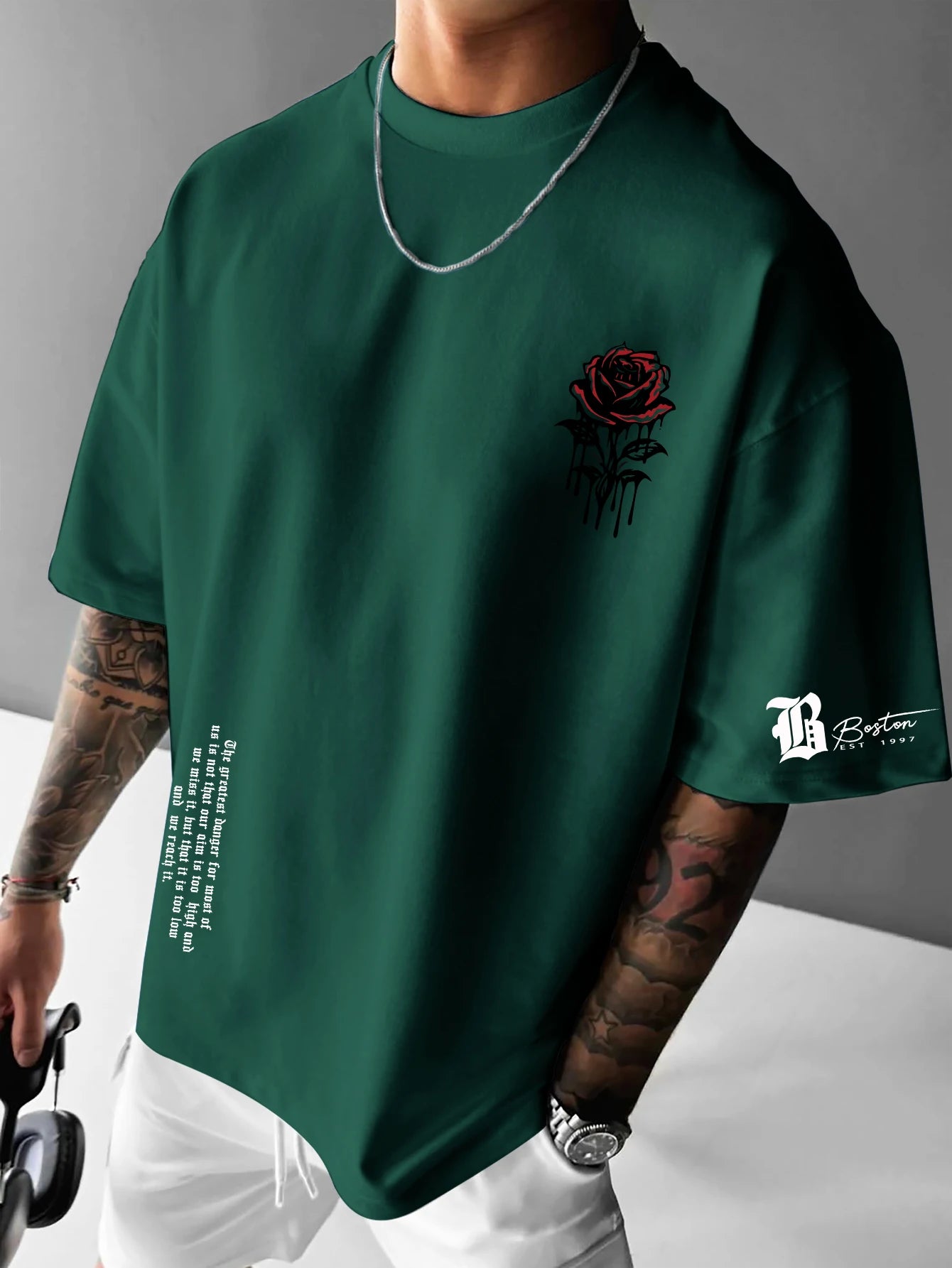 Men's Boston Gothic Rose Graphic Print T-shirt Oversized 100% Polyester American Streetwear Short Sleeve Tops S-XXL